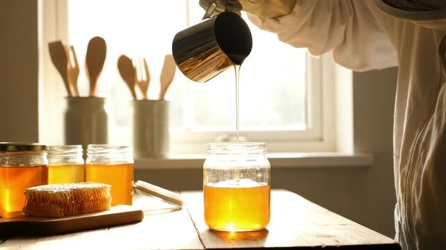 Beekeeper pouring fresh liquid honey from a pitcher into a glass jar. Jars of golden honey and honeycomb sit on a rustic table in bright light. Organic farming and natural food production concept.