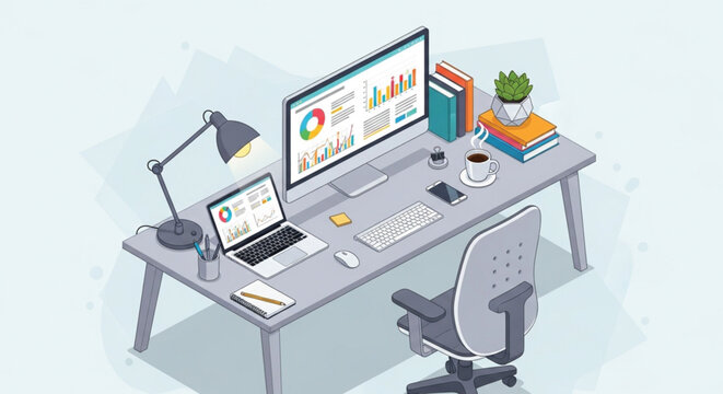 Modern vector illustration of a machine gun integrated with a flat business technology concept featuring a computer monitor and network icons