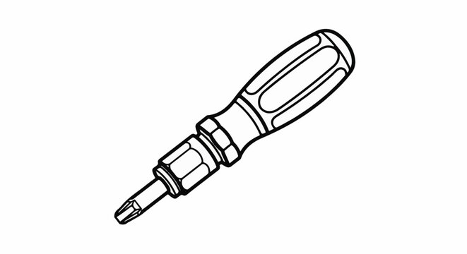 Detailed line art illustration of a Phillips head screwdriver on white background