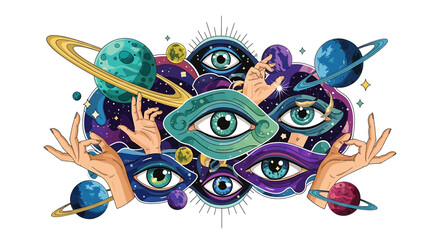 Eyes with colorful celestial bodies around. © Yupi