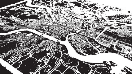 Obraz premium Abstract Black and White City Map Silhouette, Urban District Grid Vector Illustration, and Isometric Metropolitan Layout Graphic