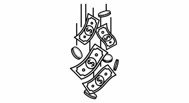 Falling money and coins, dollar bills and currency symbols