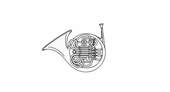 Detailed line drawing of a brass French horn with its distinctive coiled tubing