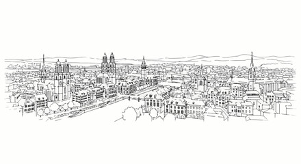 Fototapeta premium Detailed sketch of a sprawling European city with a river and many church spires