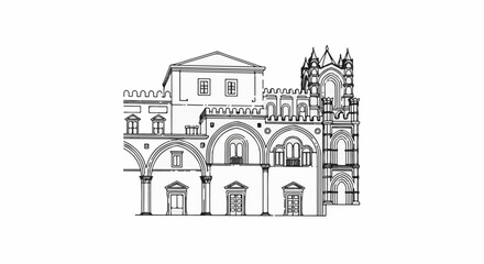 Obraz premium Detailed line drawing of a complex historical building with arches and towers