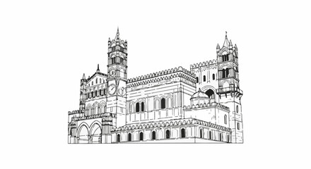 Obraz premium Detailed line drawing of a grand cathedral with towers and arches