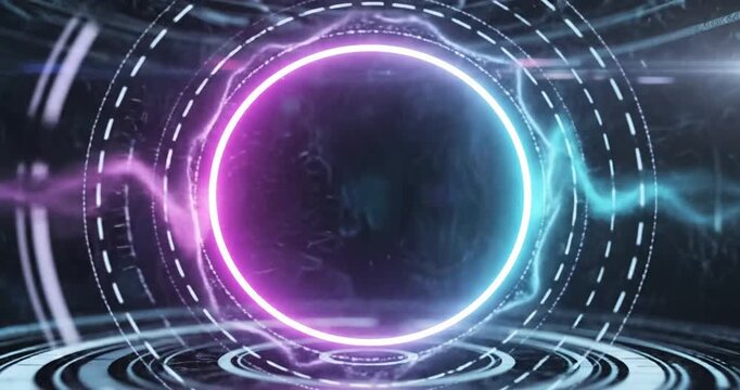 Futuristic digital abstract design featuring a glowing circular shape with vibrant colors
