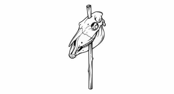Detailed line drawing of a horse skull impaled on a wooden stake