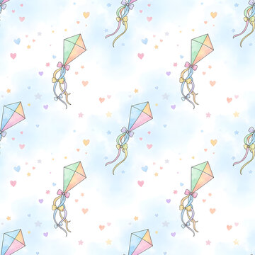seamless repeating pattern of kites with rainbow tails flying in soft sky