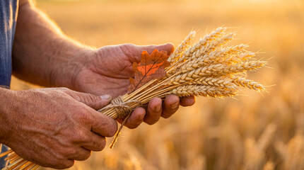 Fototapeta premium Farmer's hands holding a tied bundle of golden wheat and an autumn leaf, symbolizing bountiful harvest.