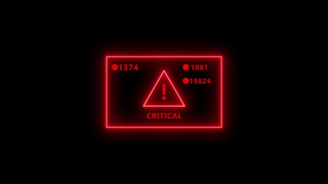 Glowing neon Exclamation mark system failure style neon frame critical error icon on black background.