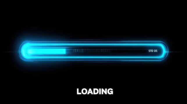 A futuristic blue glowing loading bar on a black background with the word "LOADING" beneath it.