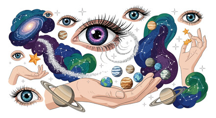 Cosmic eye and planets illustration. © Juliya