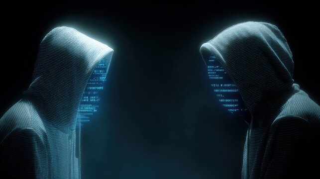 Two hooded figures face each other in darkness, their faces made of glowing digital code, symbolizing cyber identity or hacking.