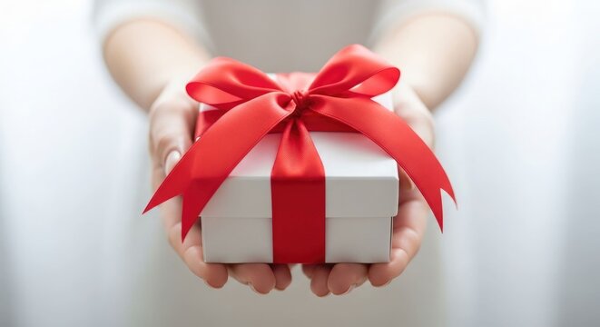 A gift presented with care hands holding a beautifully wrapped present with a vibrant red ribbon