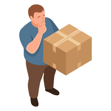 Man holds large cardboard box while thinking deeply indoors