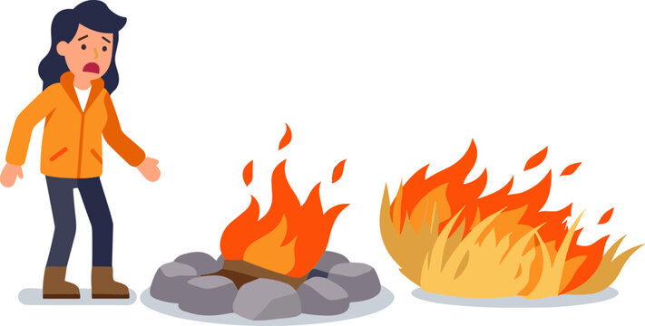 Woman standing next to a fire pit and a large flame cautiously.