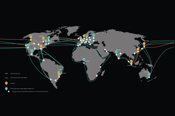 Global Logistics Network Map Dark Theme Flight Routes Data Connections World Map with Pins and Lines © Pixora Creative