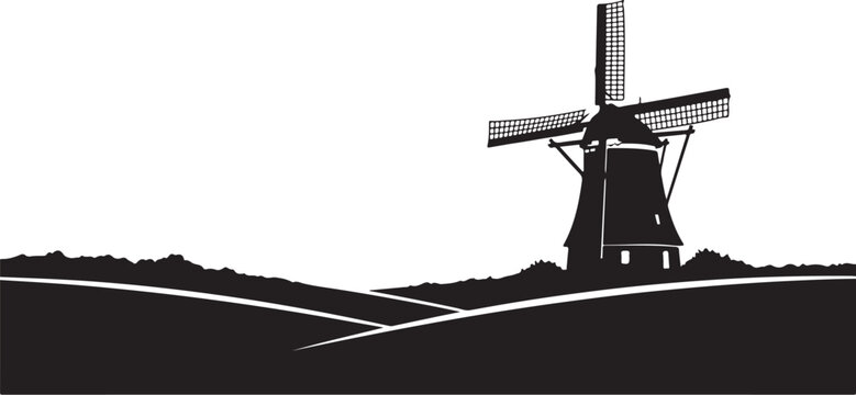 Windmill, black silhouette, landscape icon, vector illustration
