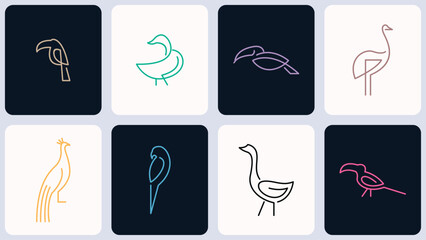 Fototapeta premium Abstract avian symbols set featuring peacock duck flamingo and parrot for branding creative agency