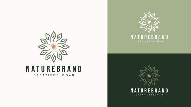 Abstract sun and leaf mandala logo for yoga studio and holistic wellness brand and organic nature