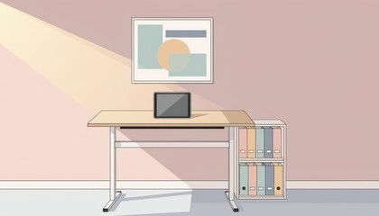 Naklejka premium A laptop sits on a desk in a room with a bookshelf and artwork.