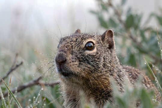 A close-up of a ground squirrel's face in the early morning fog. Dewdrops on the long whiskers, soft diffused light