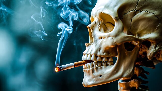 Skull smoking cigarette with dramatic lighting representing danger addiction and dark concept