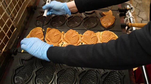 Street Vendor Preparing Traditional Taiyaki Fish Shaped Cakes in Osaka Japan