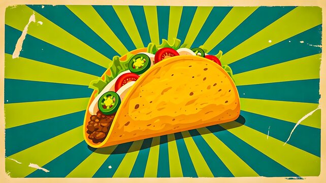 Taco illustration with retro background representing mexican food and vintage design concept