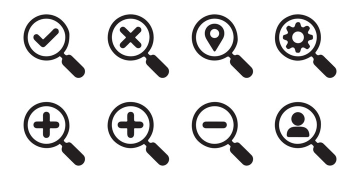 Magnifying glass icons featuring diverse symbols such as checkmark, cross, location, and user profile.