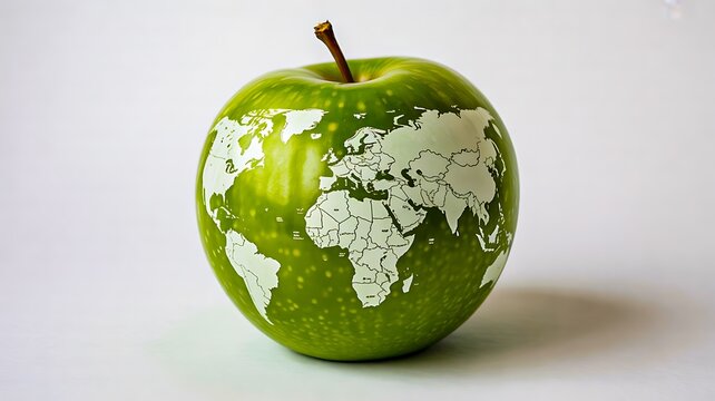 Green apple with world map concept representing global environment and healthy nature idea