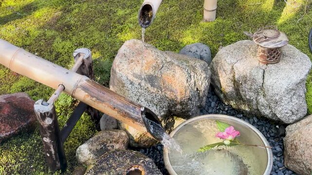 Traditional Japanese Shishi-odoshi Bamboo Water Fountain in a Zen Garden