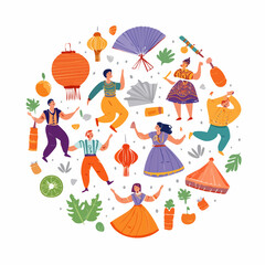 Fototapeta premium Diverse People Celebrating With Traditional Asian Lanterns and Fans, Flat Illustration Style