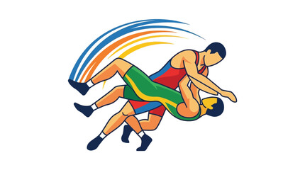 Fototapeta premium Dynamic illustration of two professional wrestling athletes in a powerful grappling move, depicting intense competitive spirit and athletic strength in action