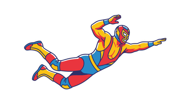 Vibrant Lucha Libre Wrestler Flying Through Air, Agile Professional Champion in Mid-Flight Action, Dynamic Athletic Leap Vector Artwork
