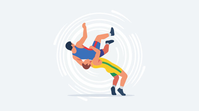 Dynamic illustration of two male athletes engaged in a wrestling match, showcasing strength and competitive spirit in a professional sports contest