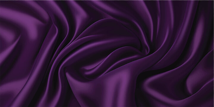 A smooth wave of shiny purple and pink silk fabric creates a luxurious satin textile background with elegant violet curves and soft drapery texture