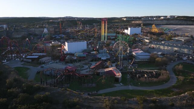 Six Flags Fiesta Texas is a major San Antonio attraction that attracts millions of tourists every year. A drone captures the amusement park that sits on the Northwest side of town near I-10 and 1604.