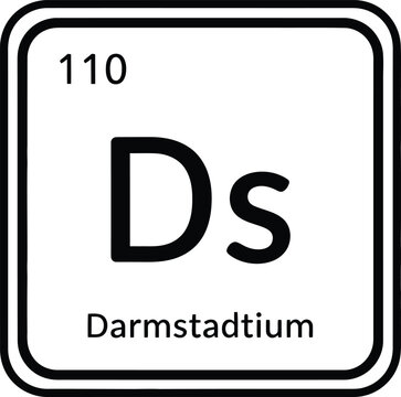 Darmstadtium element symbol Ds represents atomic number 110 and its name on a white background.