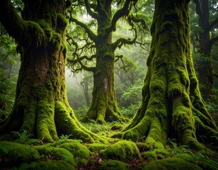 Fototapeta premium Lush woodland scene showcasing three moss-covered trees with sprawling roots and verdant foliage bathed in soft, misty light