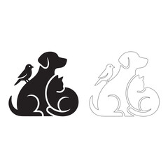 Obraz premium Silhouette and outline of dog, cat, and bird together keywords: dog, cat, bird, pet, animal