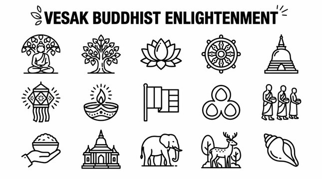 Vesak Buddhist Enlightenment Icons Set