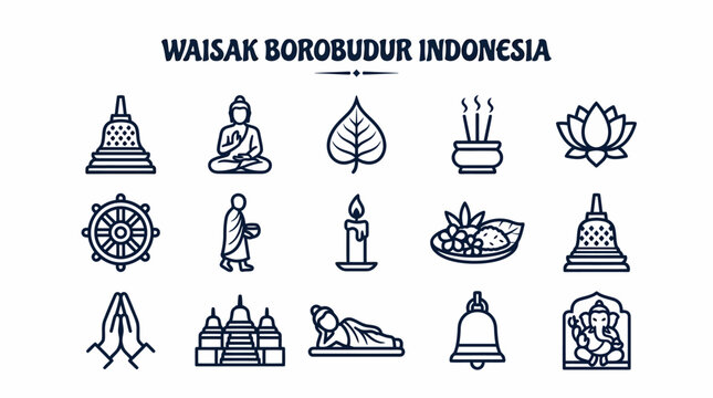 Waisak Borobudur Indonesia Icons Set