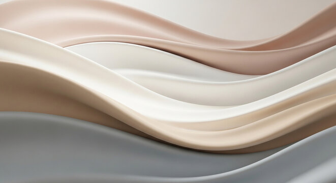 Layered 3D abstract flowing silk waves in neutral grey and beige tones, elegant smooth satin ripples background with soft light and shadows, modern minimalist liquid motion design.