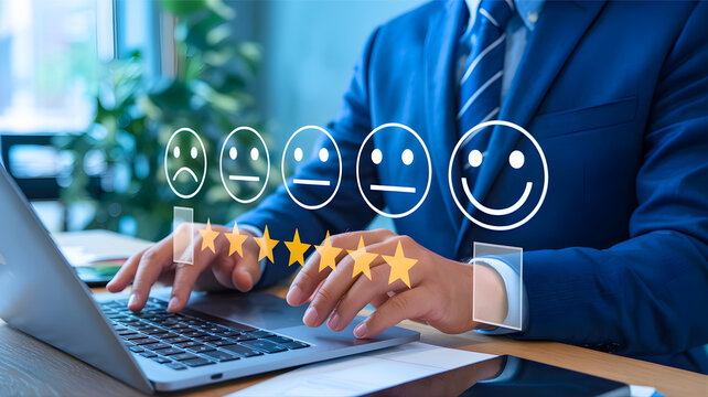 Professional evaluates online service quality, providing top customer satisfaction feedback with five stars on a digital platform using a laptop
