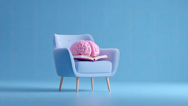 Surreal Concept of a Pink Brain Resting on a Book in a Cozy Armchair.