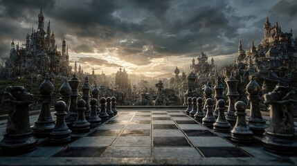 Obraz premium Majestic Chessboard Overlooking a Fantastical Cityscape Under Dramatic Skies