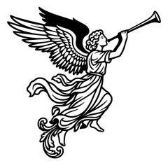 Fototapeta premium Flying angel blowing trumpe, flowing robes and detailed feathered wings, classical baroque herald announcement lineart illustration isolated on background
