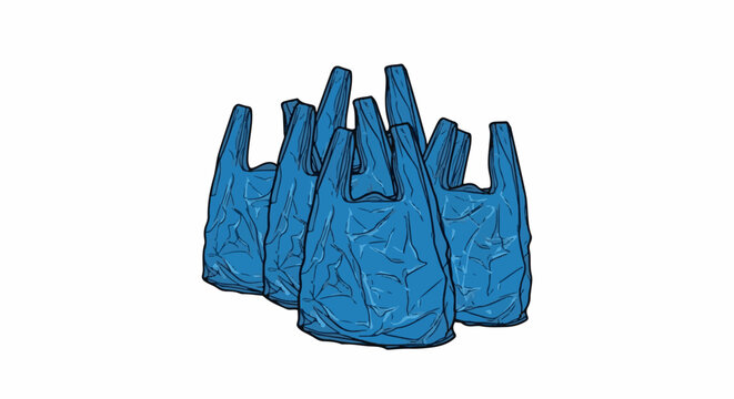 Group of crinkled, blue plastic shopping bags on a white background